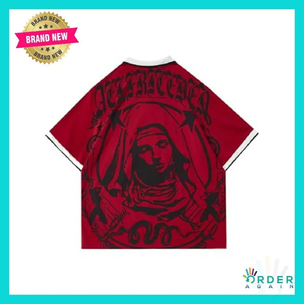 Oversized Polo Tee Vintage Y2K Streetwear Nun Portrait Graphic Casual Top - Picture 5 of 8
